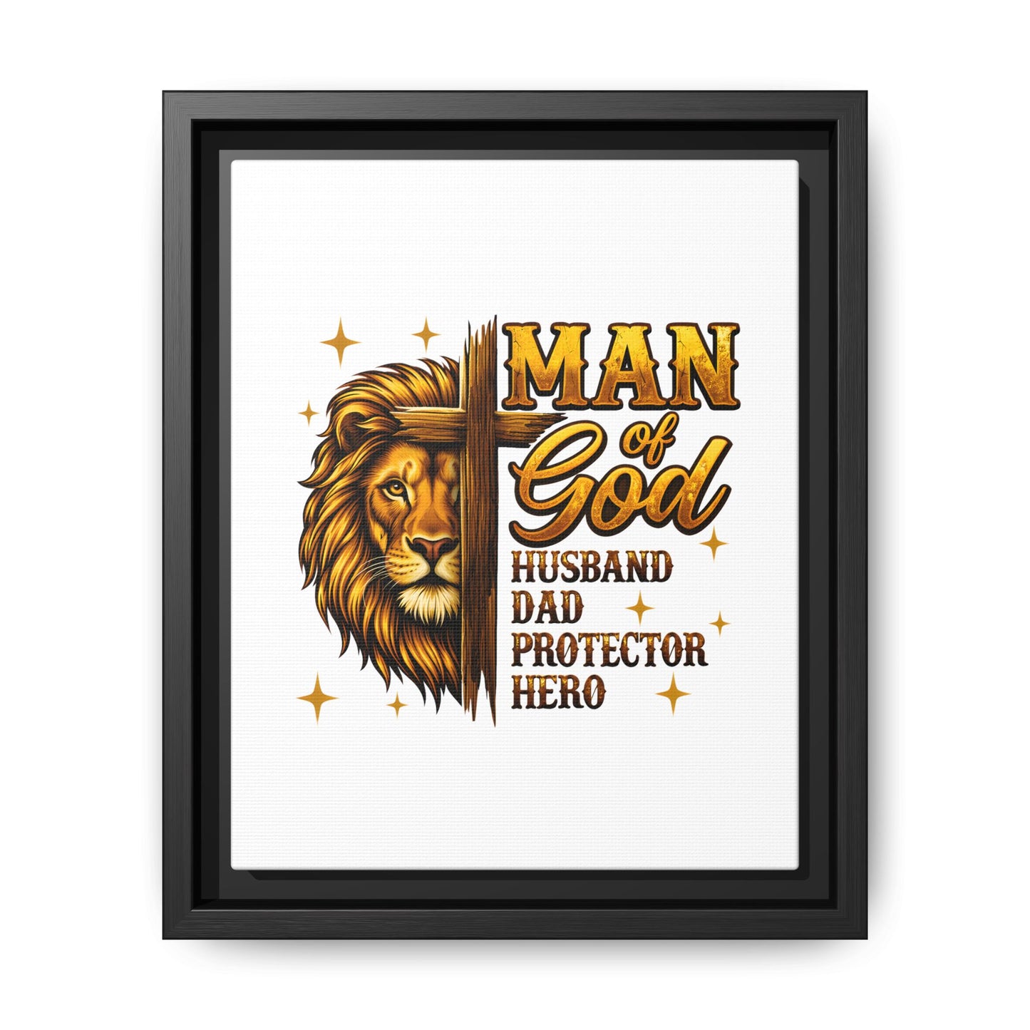 Man of God Framed Canvas Art — 'Man of God: Husband, Dad, Protector, Hero' Religious Wall Decor