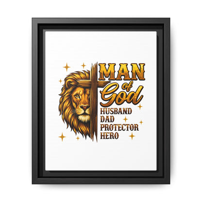 Man of God Framed Canvas Art — 'Man of God: Husband, Dad, Protector, Hero' Religious Wall Decor