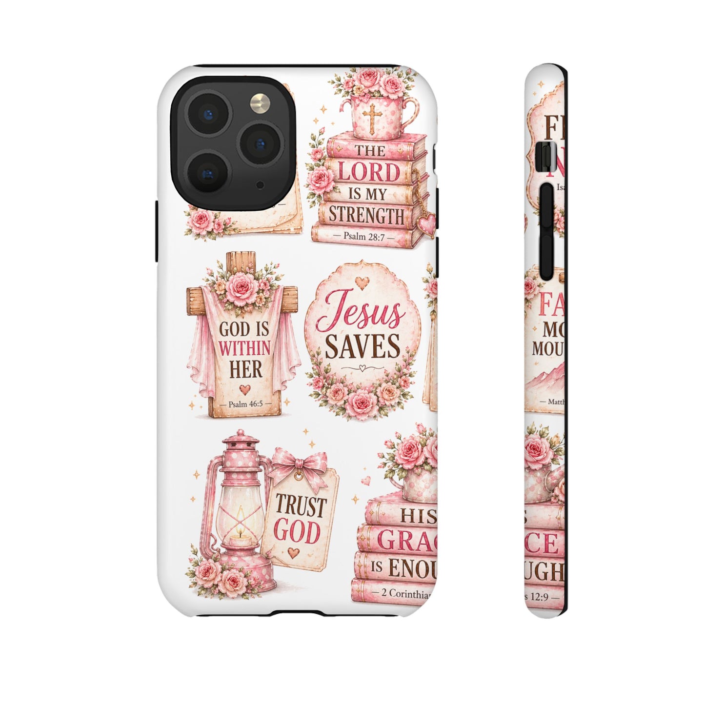 Christian Phone Case — Jesus Saves Floral Tough Case with 'God Is Within Her' & 'Trust God' Design