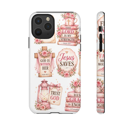 Christian Phone Case — Jesus Saves Floral Tough Case with 'God Is Within Her' & 'Trust God' Design