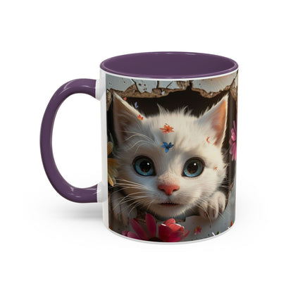 Cute White Kitten Coffee Mug – Floral Accent 11/15oz