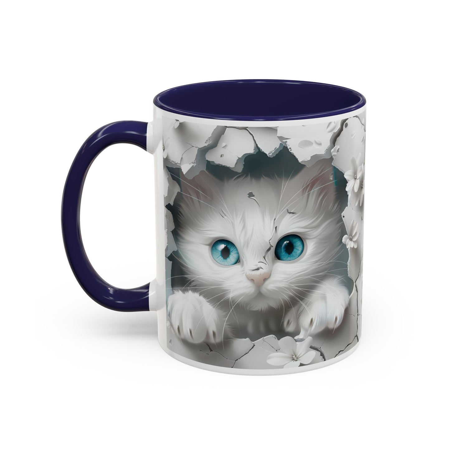 Cute Blue-Eyed Kitten Accent Coffee Mug – Floral Peekaboo Cat Design (11/15 oz)