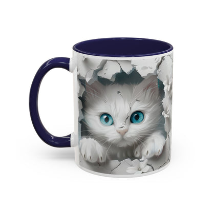 Cute Blue-Eyed Kitten Accent Coffee Mug – Floral Peekaboo Cat Design (11/15 oz)