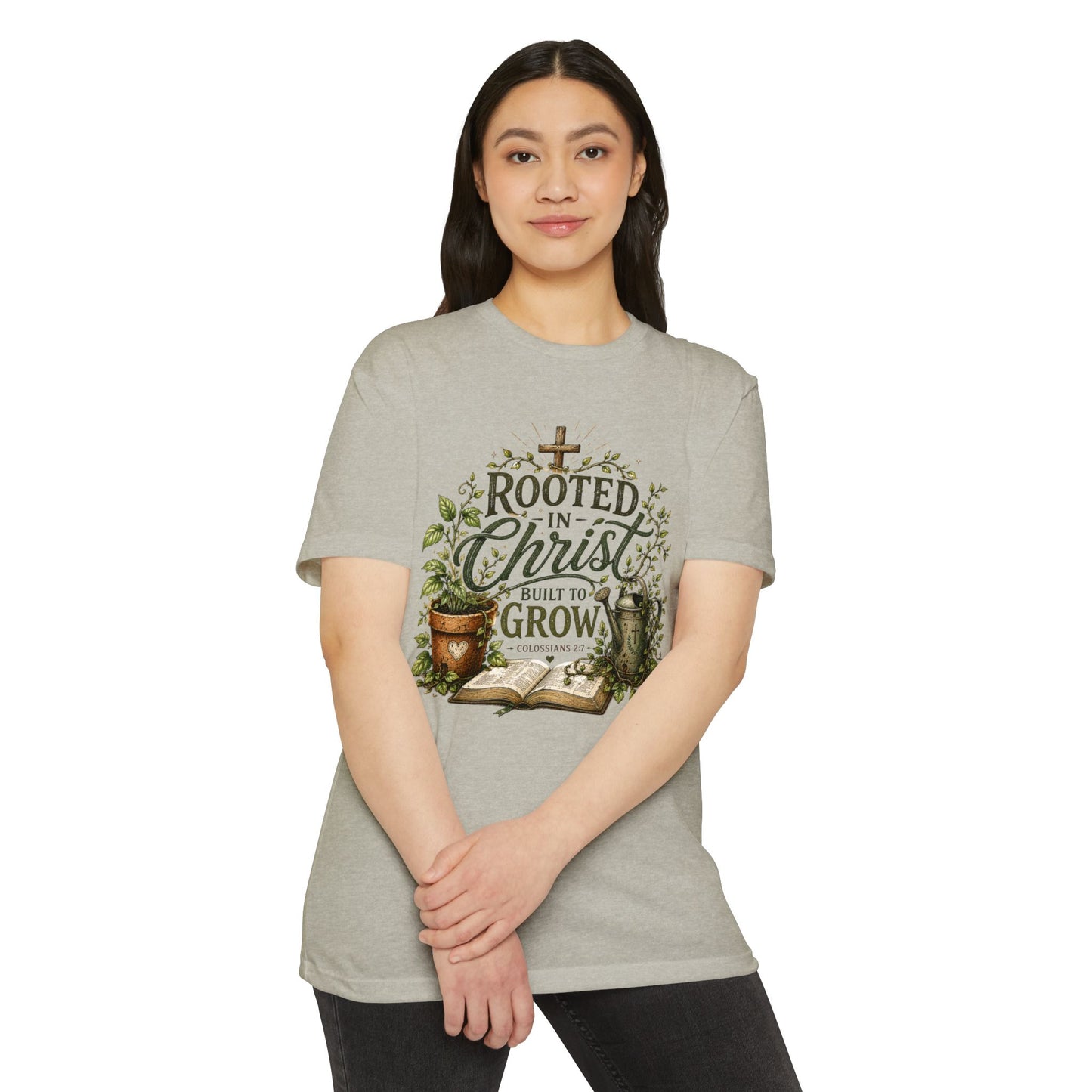 Rooted in Christ T-Shirt – Christian Faith Garden Graphic (Built to Grow)