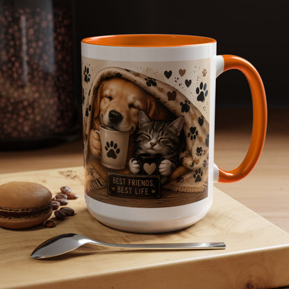 Dog and Cat Coffee Mug – "Best Friends, Best Life" Accent Tea Cup (11/15oz)