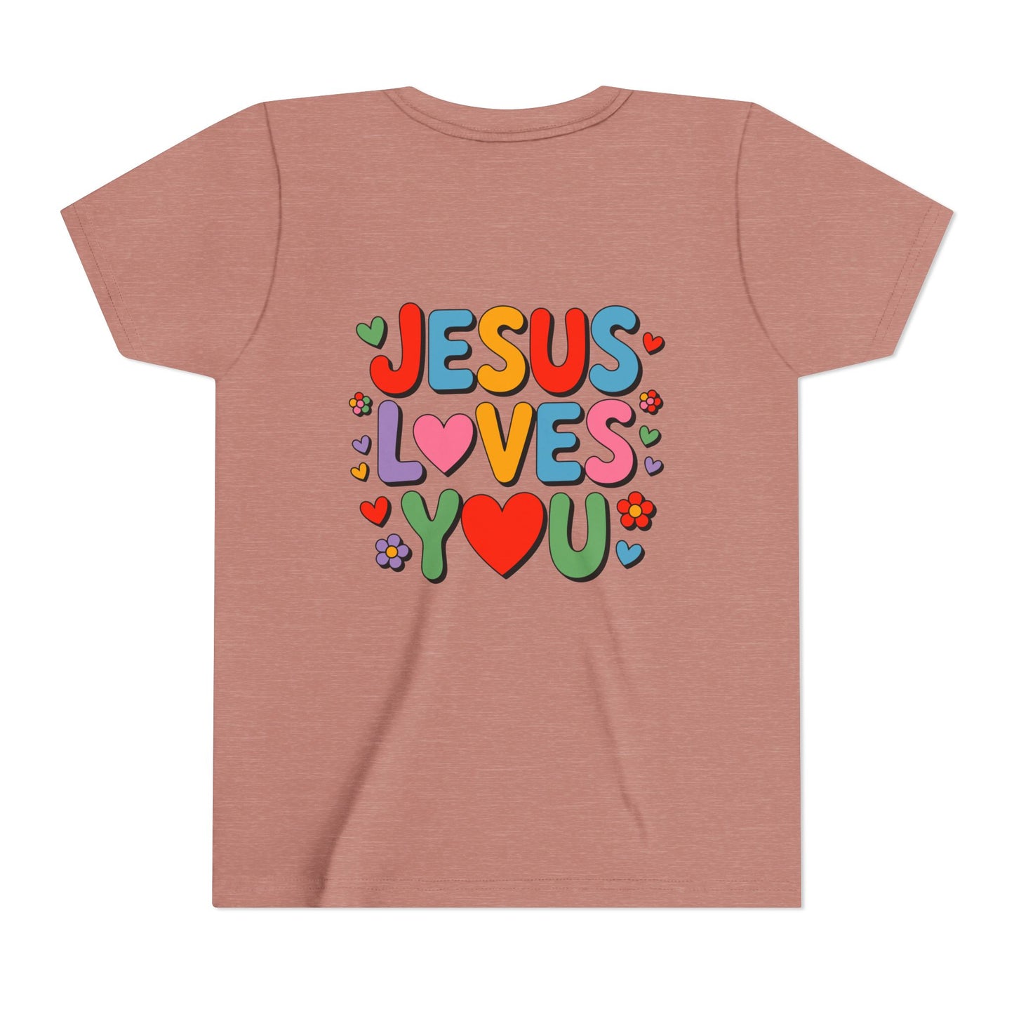 Youth Tee - "Jesus Loves You" Colorful Heart & Flower Christian Shirt