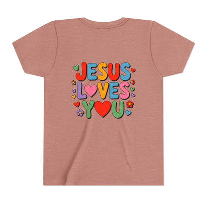 Youth Tee - "Jesus Loves You" Colorful Heart & Flower Christian Shirt