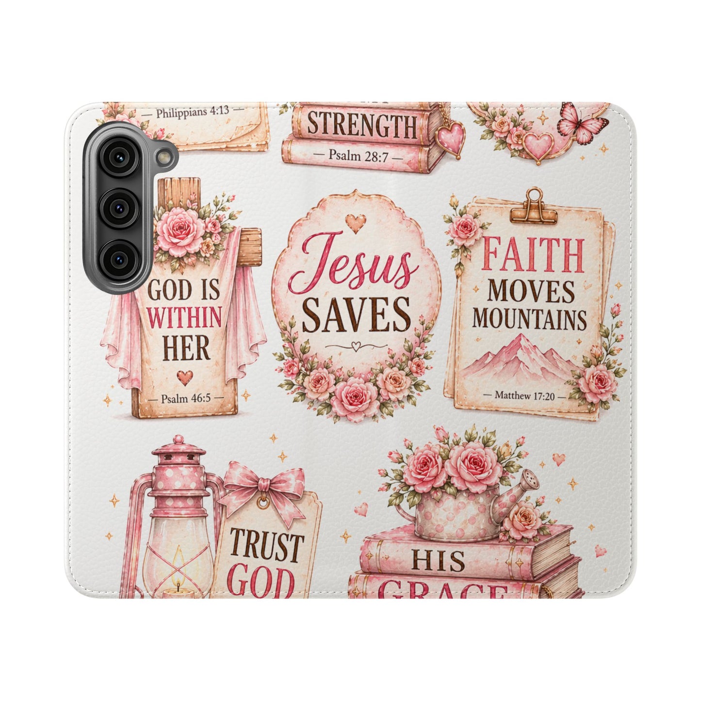 Christian Floral Phone Flip Case — "Jesus Saves" & Inspirational Scripture Wallet Cover