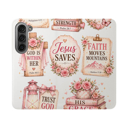 Christian Floral Phone Flip Case — "Jesus Saves" & Inspirational Scripture Wallet Cover