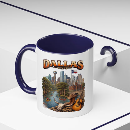 Dallas Skyline Accent Coffee Mug — Texas Souvenir Mug with Guitar & Cityscape