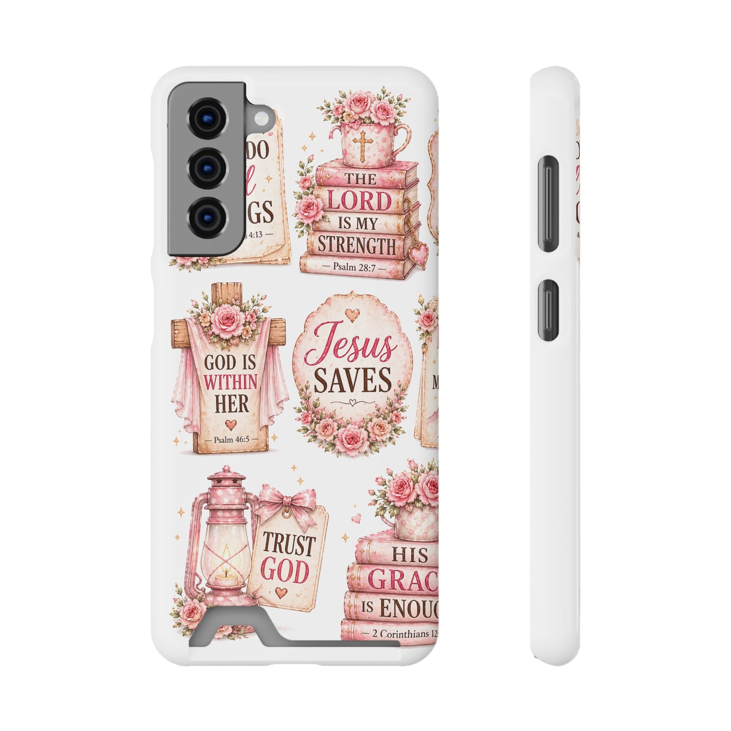 Christian Floral Phone Case with Card Holder — 'Jesus Saves' Inspirational Design