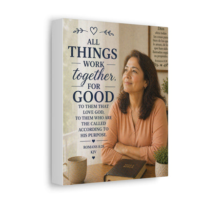 All Things Work Together For Good Stretched Canvas – Romans 8:28 Inspirational Christian Wall Art