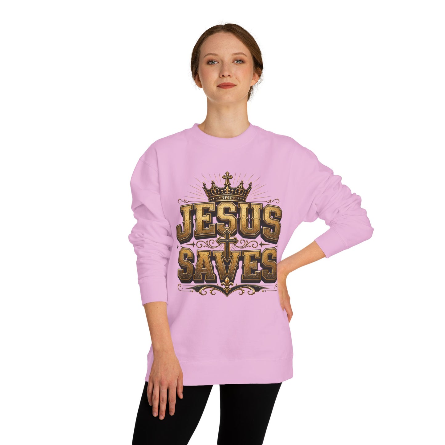 Jesus Saves Sweatshirt — Christian Faith Crewneck with Crown & Cross Design