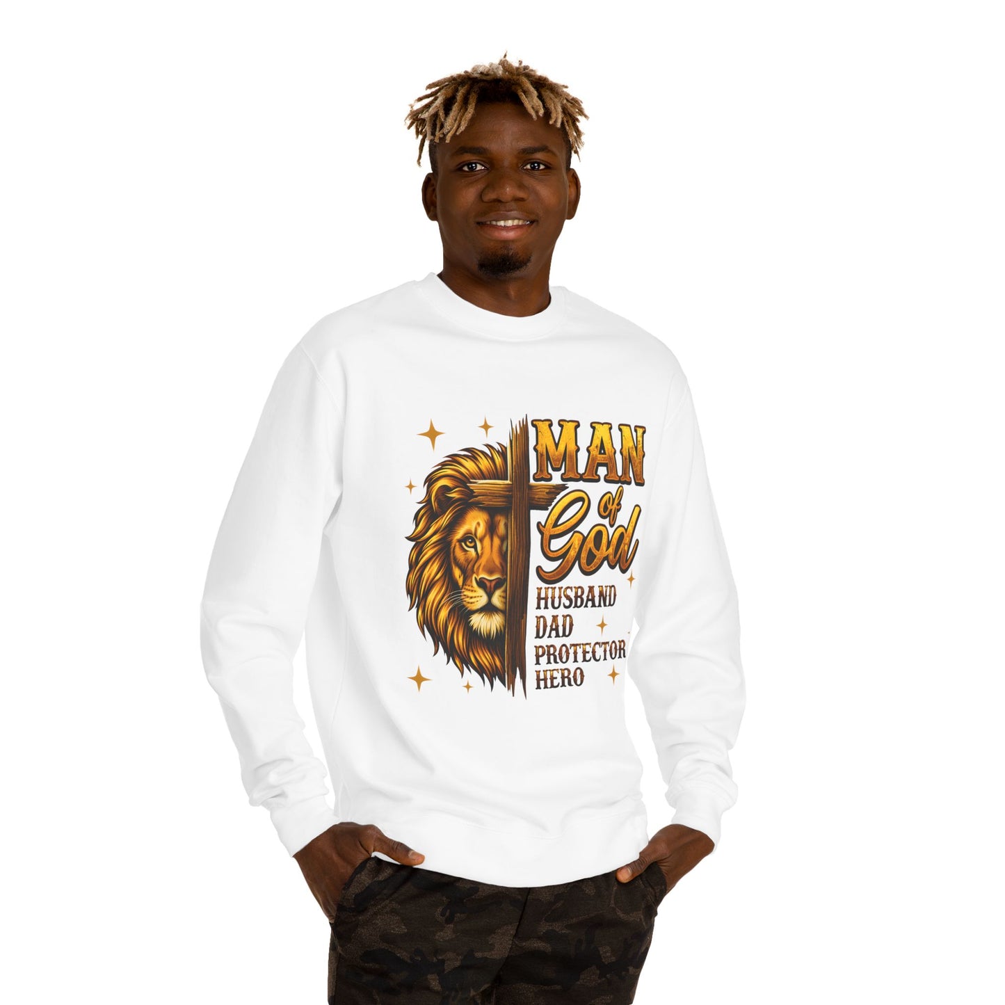Man of God Sweatshirt — Lion Graphic, "Husband Dad Protector Hero" Faith Pullover