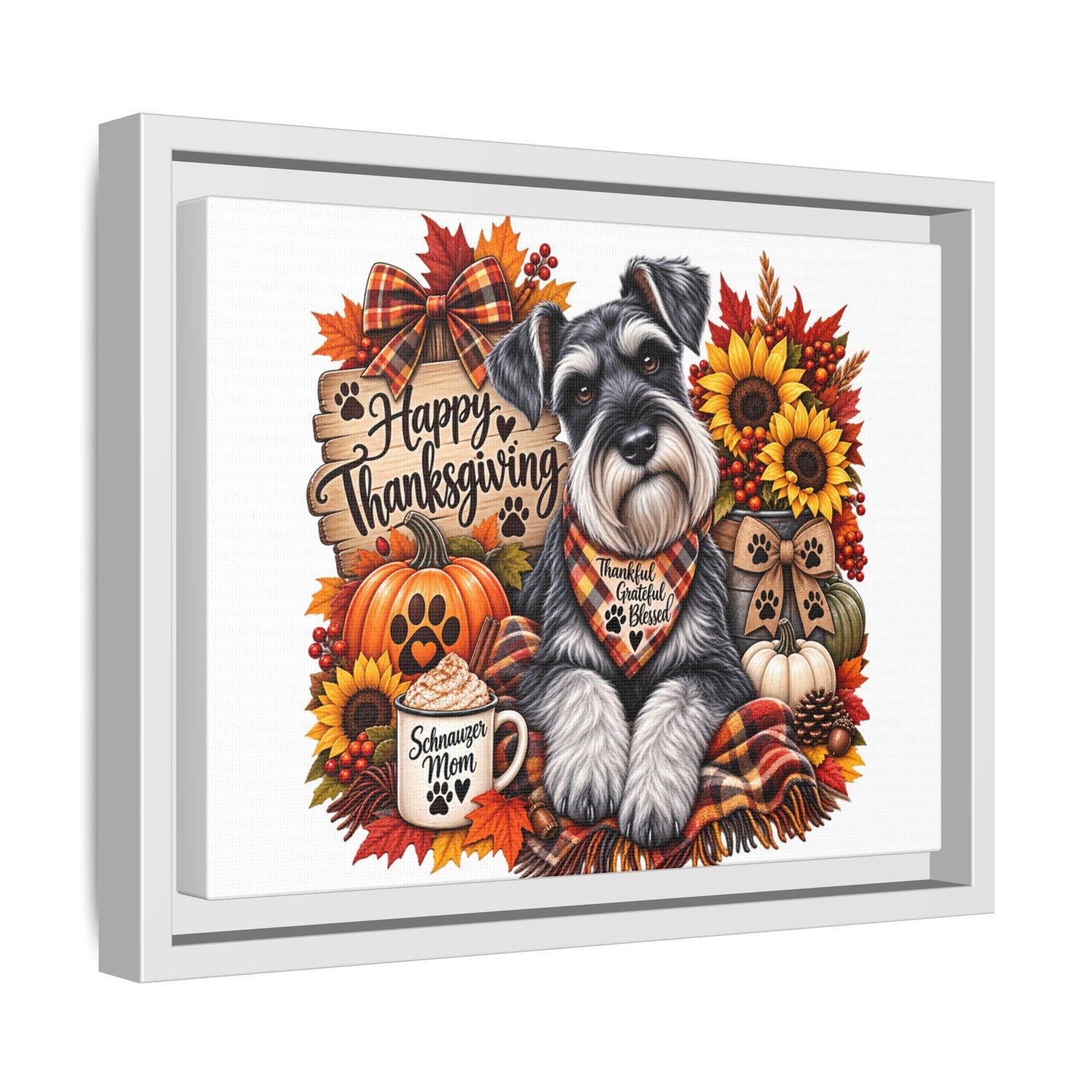 Happy Thanksgiving Schnauzer Framed Canvas — Autumn Dog Wall Art