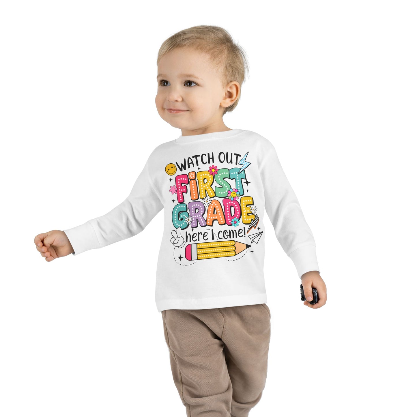 Toddler Long Sleeve Tee — "Watch Out First Grade Here I Come" Back-to-School Shirt