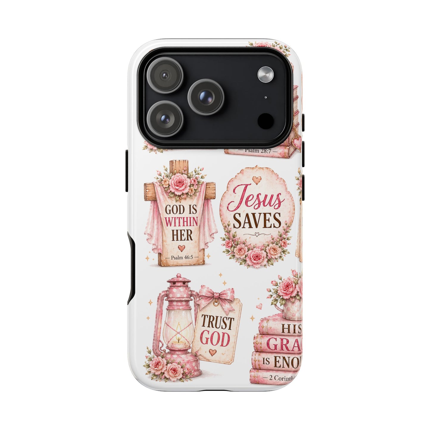 Christian Phone Case — Jesus Saves Floral Tough Case with 'God Is Within Her' & 'Trust God' Design