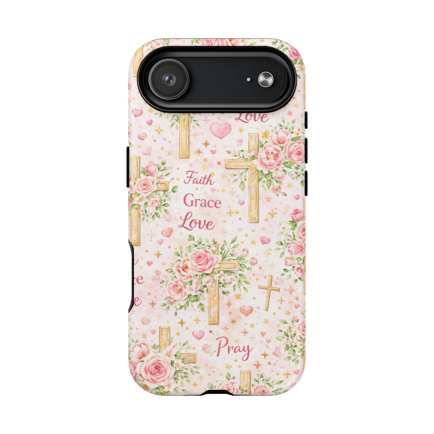 Faith Grace Love Tough Magnetic Phone Case — Floral Cross Protective Cover