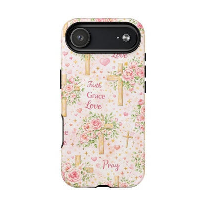 Faith Grace Love Tough Magnetic Phone Case — Floral Cross Protective Cover