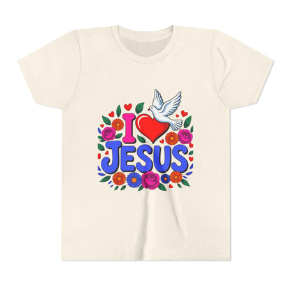 Youth Tee — "I  Jesus" Colorful Dove & Floral Christian Shirt