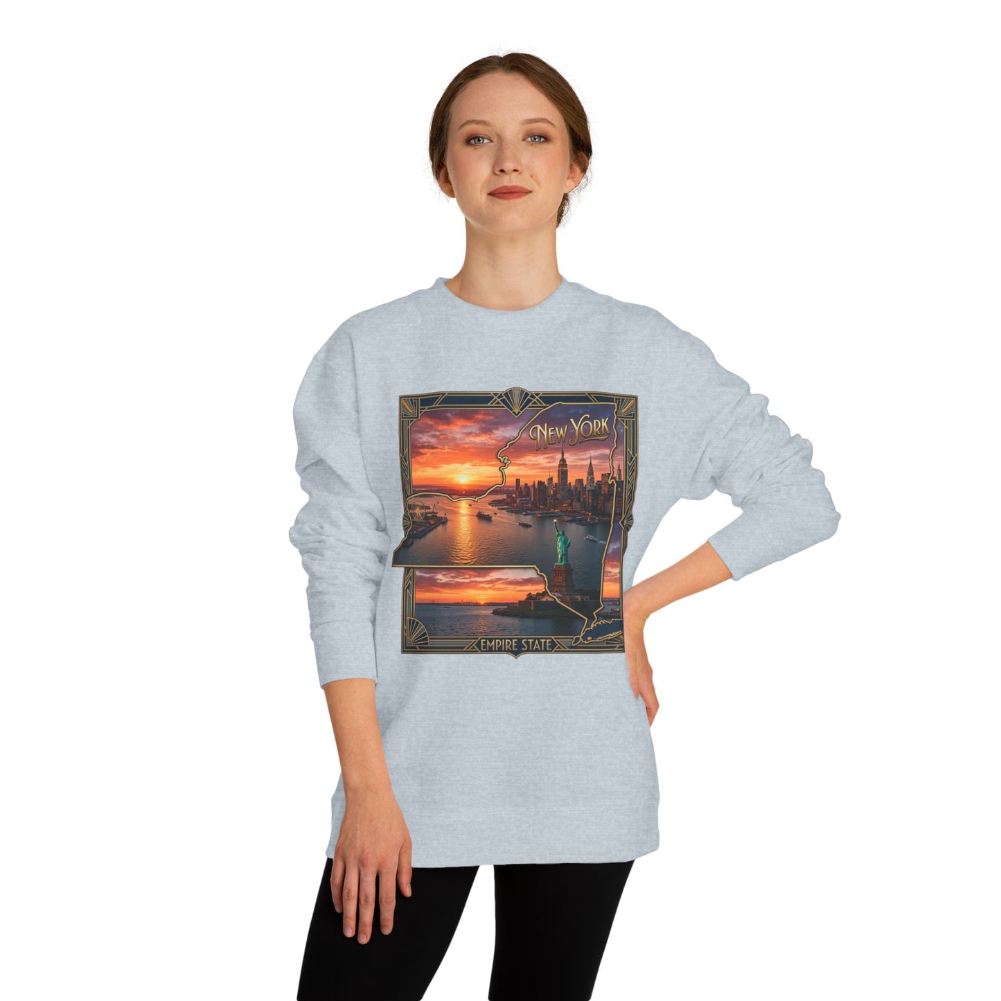New York Sunset Crewneck Sweatshirt — Statue of Liberty Skyline Graphic