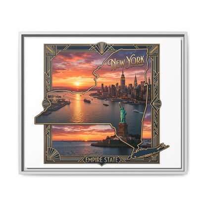 Framed Matte Canvas Wall Art — New York City Sunset Skyline with Statue of Liberty