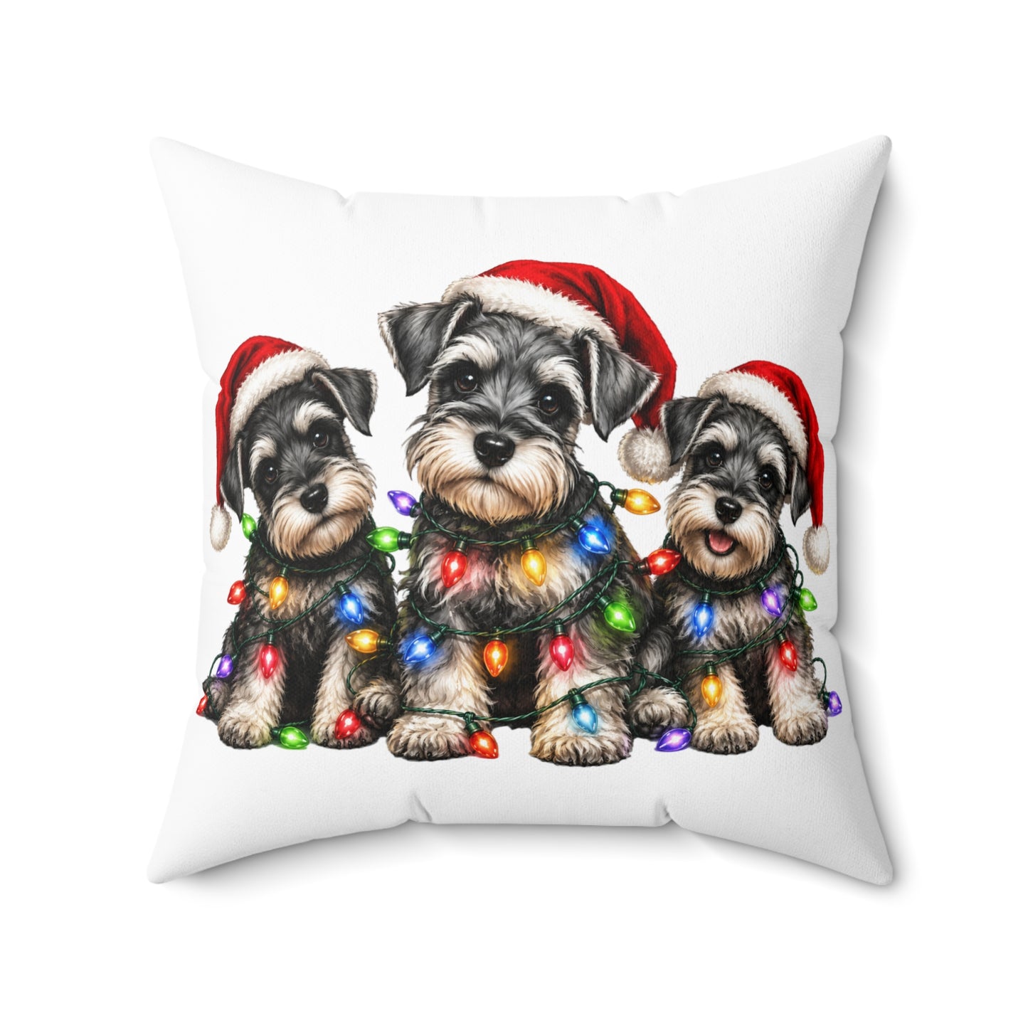 Schnauzer Puppies Christmas Pillow - Holiday Dogs with Santa Hats & String Lights Decorative Pillow