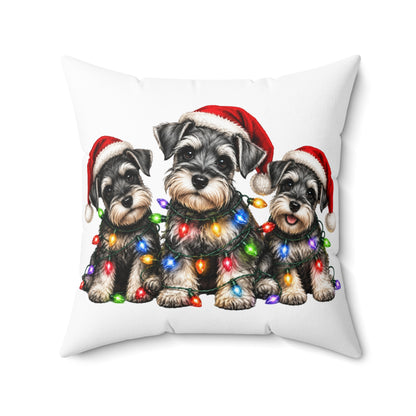 Schnauzer Puppies Christmas Pillow - Holiday Dogs with Santa Hats & String Lights Decorative Pillow