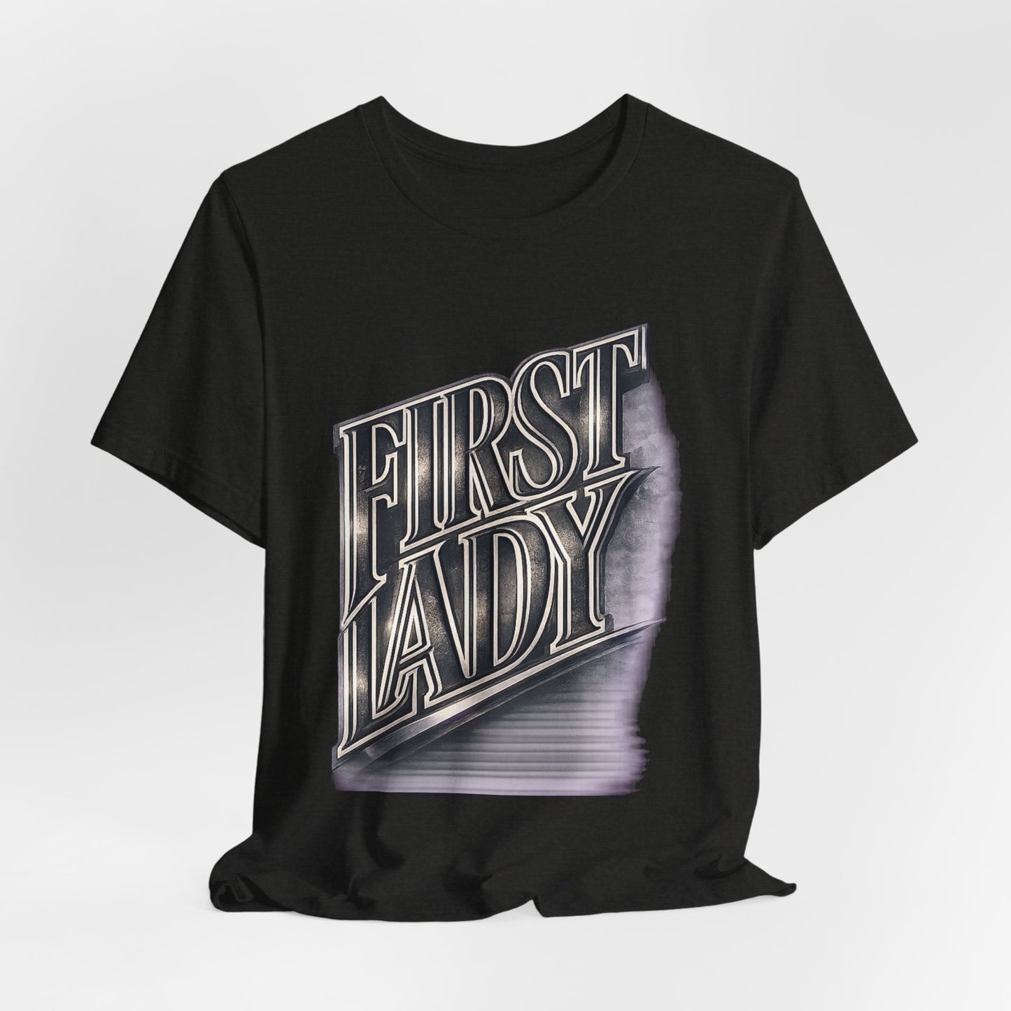 First Lady Graphic Tee — Retro Metallic Script Short Sleeve Shirt