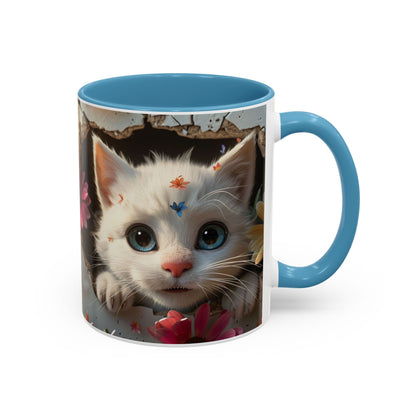 Cute White Kitten Coffee Mug – Floral Accent 11/15oz