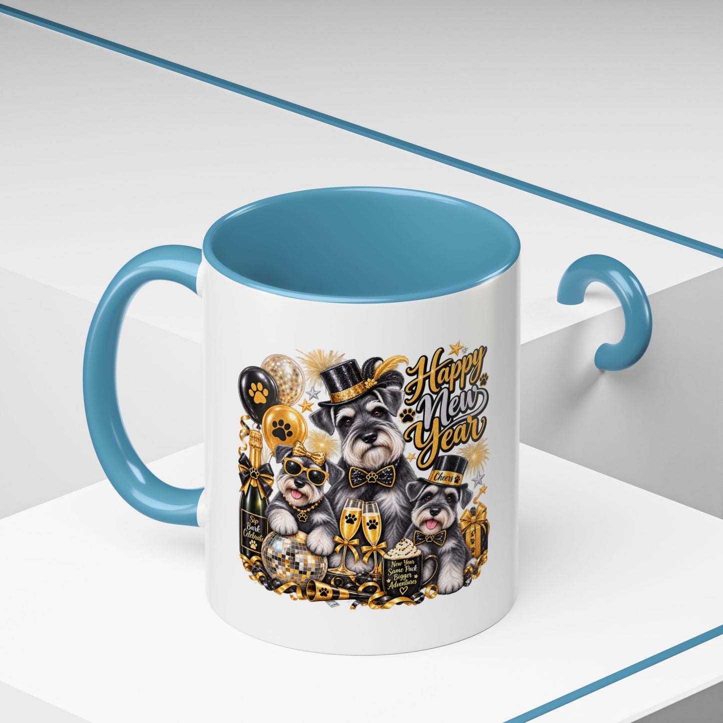Happy New Year Schnauzer Coffee Mug — Festive Dog New Year Accent Mug (11/15oz)
