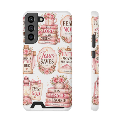 Christian Phone Case with Card Holder — 'Jesus Saves' Floral Scripture Design