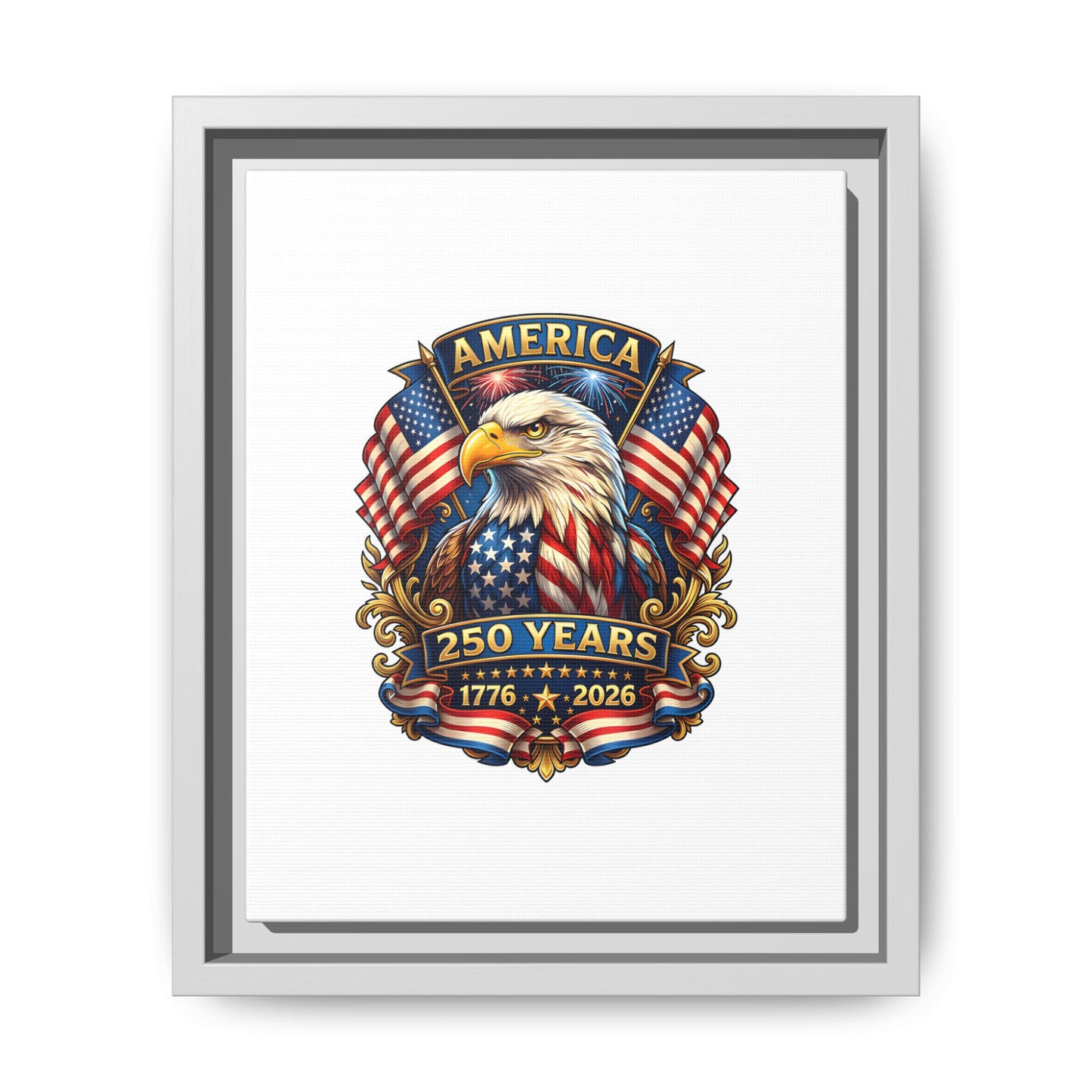 America 250th Anniversary Framed Canvas — Patriotic Bald Eagle Wall Art