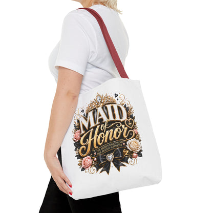 Maid of Honor Tote Bag — Elegant Bridal Party Gift with Gold Crown Floral Design