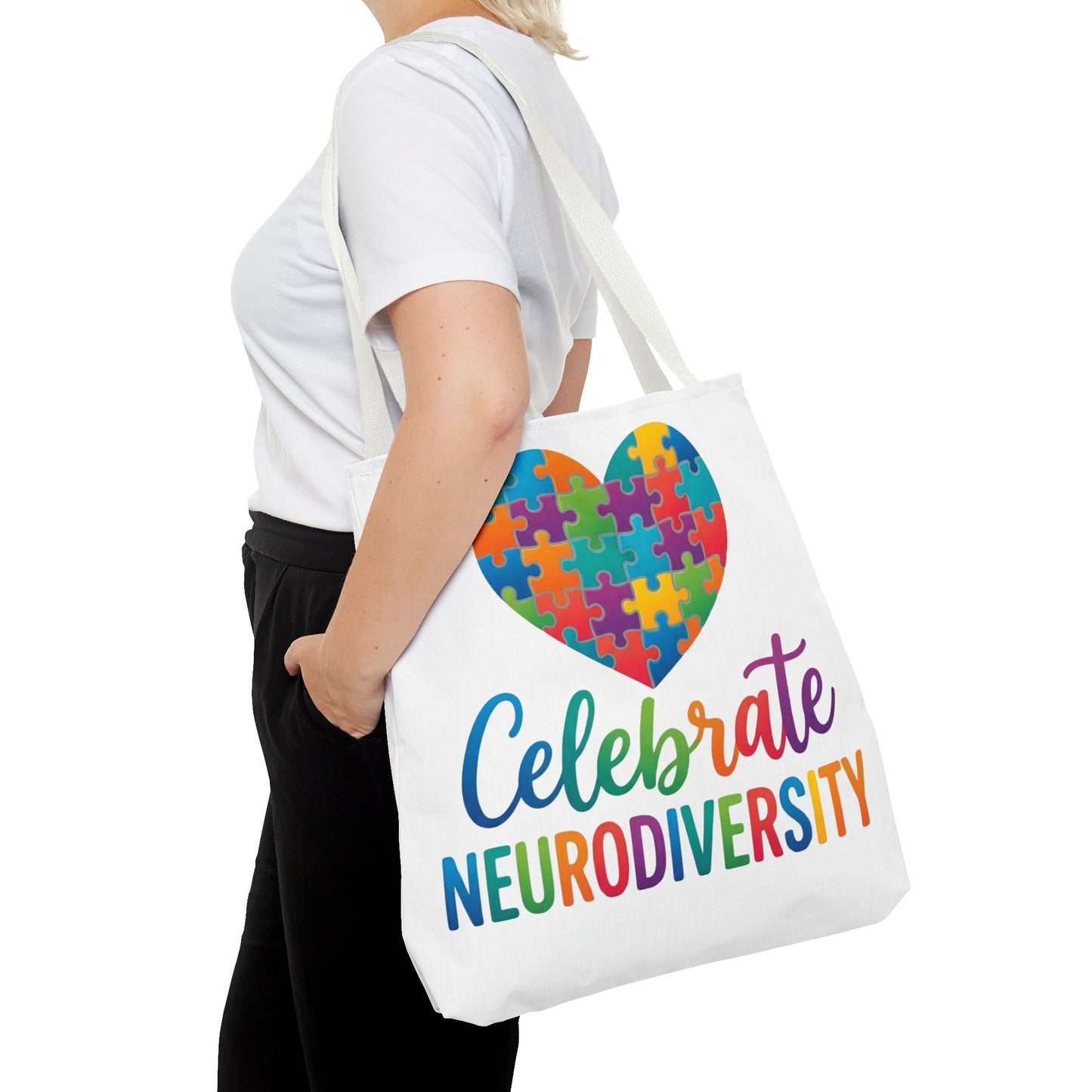 Celebrate Neurodiversity Tote Bag – Rainbow Puzzle Heart Awareness Tote