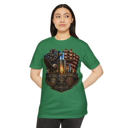 9/11 Memorial T-Shirt — "We Will Never Forget" Patriotic Tribute