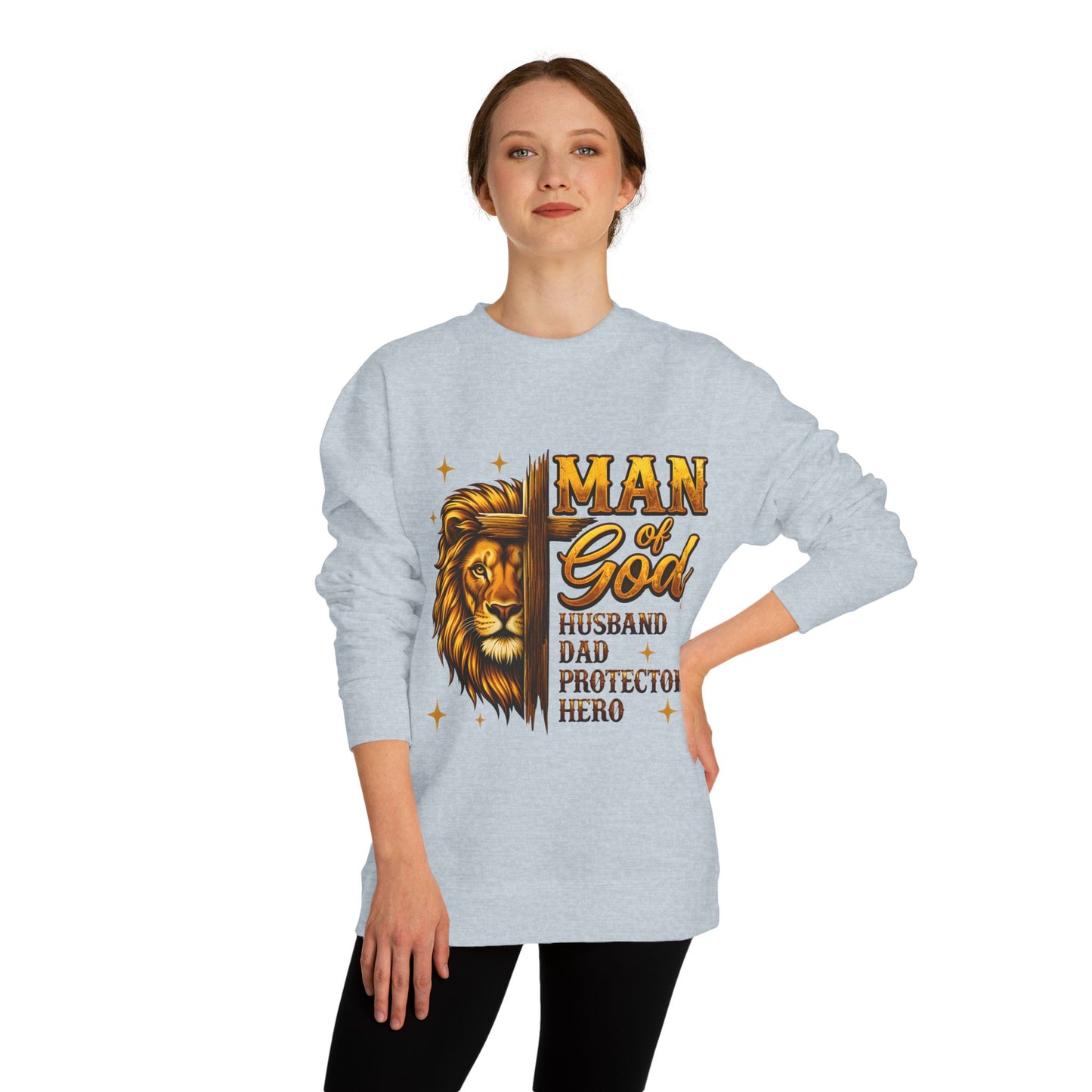 Man of God Sweatshirt — Lion Graphic, "Husband Dad Protector Hero" Faith Pullover