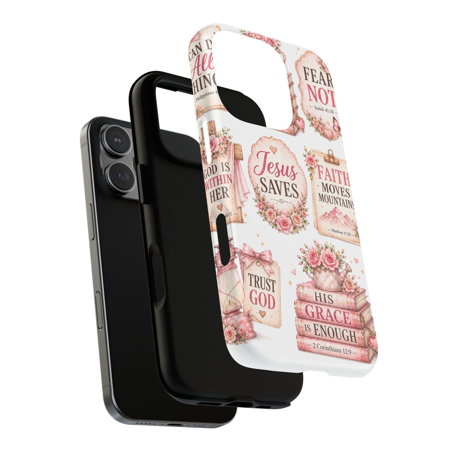 Christian Faith iPhone Tough Magnetic Case — 'Jesus Saves' Floral Scripture Design (Fear Not, Faith Moves Mountains)