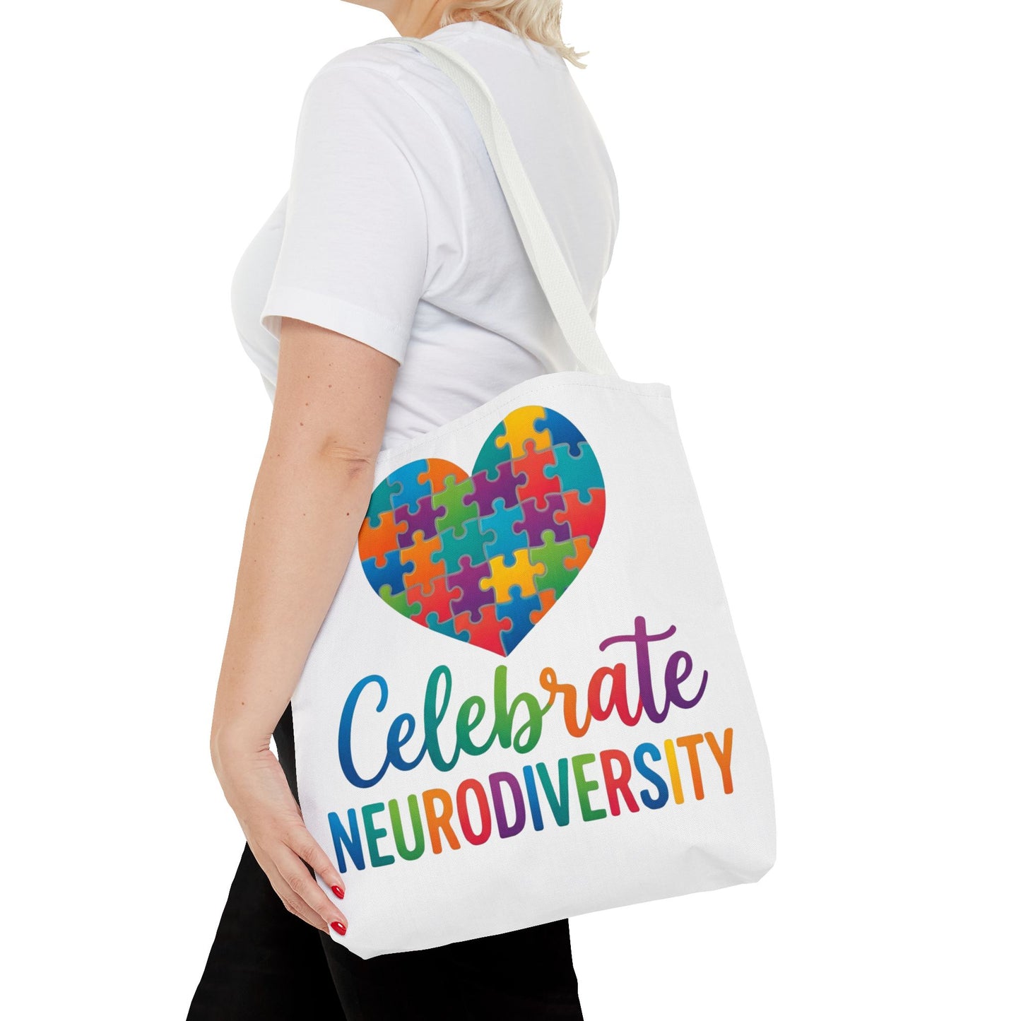 Celebrate Neurodiversity Tote Bag – Rainbow Puzzle Heart Awareness Tote