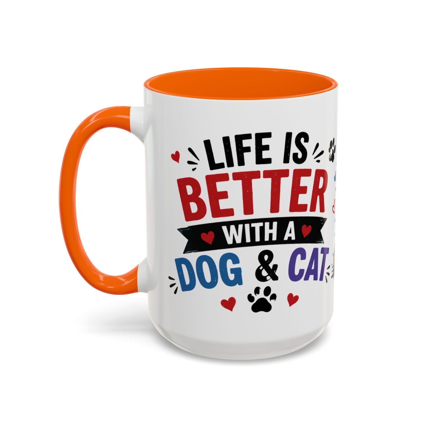 Dog and Cat Coffee Mug – "Life is Better with a Cat" Accent Ceramic Mug