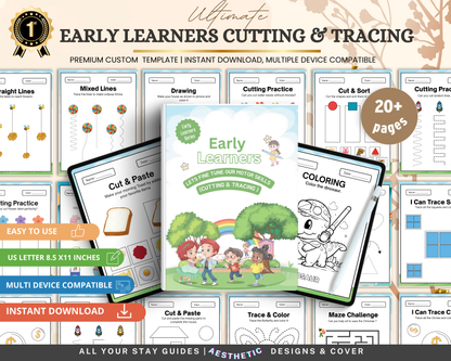 Early Learners Cutting & Tracing Worksheets | Printable Fine Motor Skills Activities for Kids