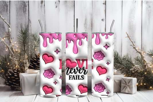 Inflated Love Never Fails Tumbler Wrap PNG | Inspirational Quote Design, 20oz Skinny Tumbler Sublimation, Romantic &amp; Faith-Based Wrap