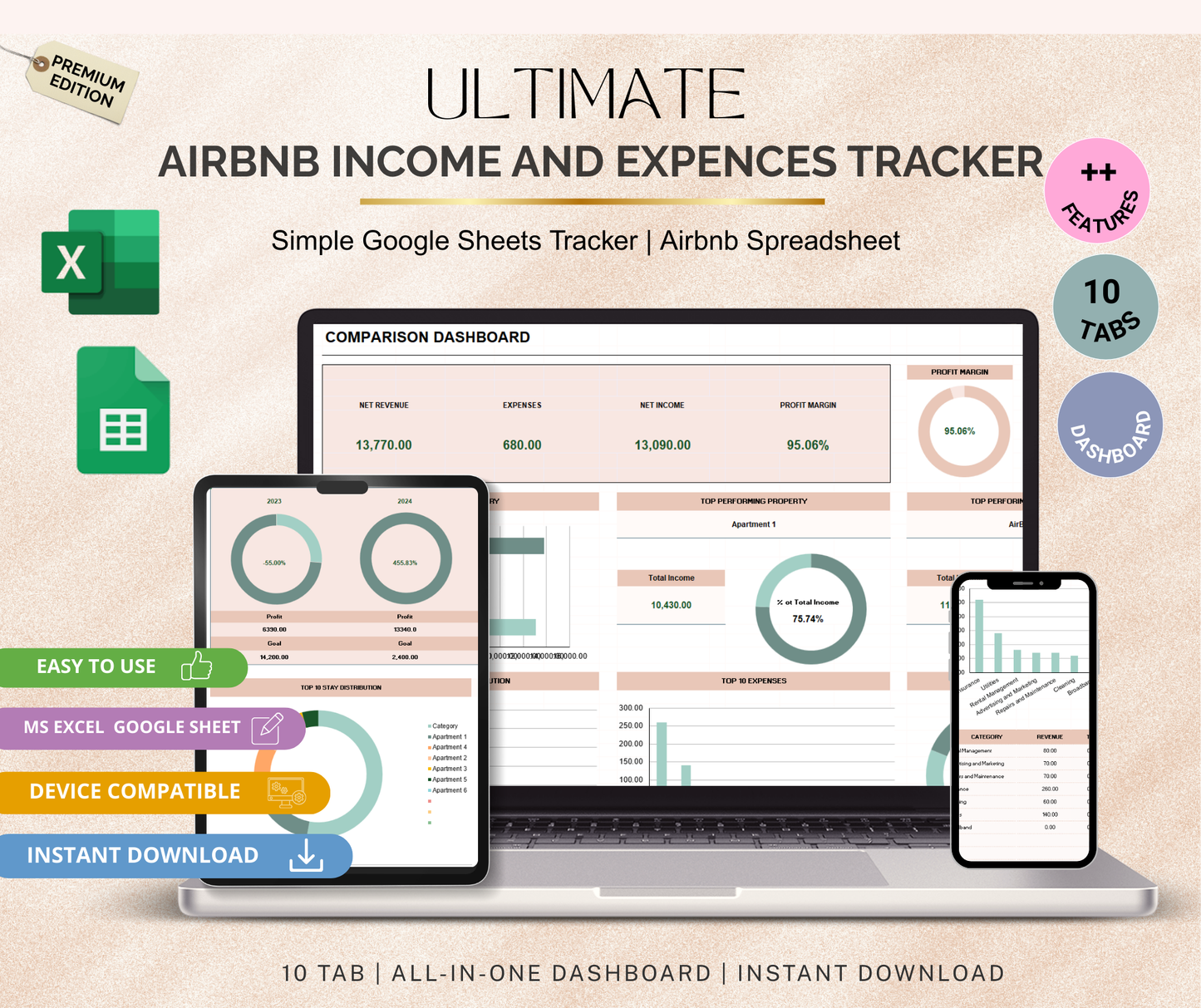 Airbnb Income & Expense Tracker Spreadsheet | Rental Property Google Sheets Finance Planner
