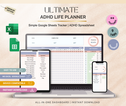ADHD Life Planner Spreadsheet | Focus & Productivity Google Sheets Daily Task Tracker