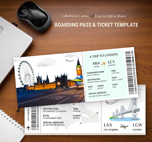 London Boarding Pass & Ticket Template | Editable Canva Travel Invite & Event Ticket Design