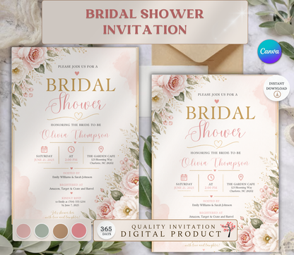 Bridal Shower Invitation Template | Editable Canva Wedding Shower Invite Design Printable & Digital