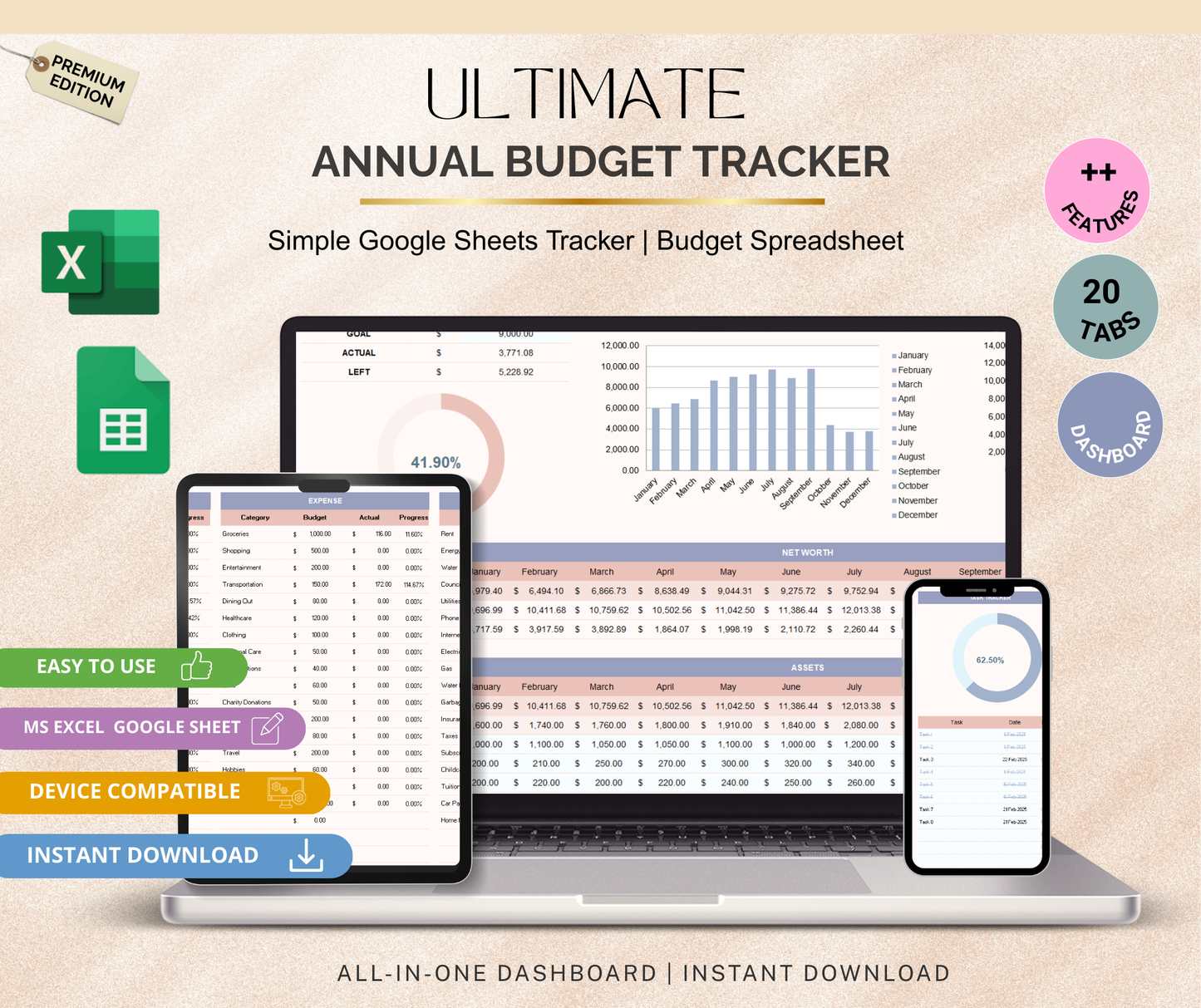 Annual Budget Tracker Spreadsheet | Yearly Finance Planner Google Sheets Income & Expense Tool