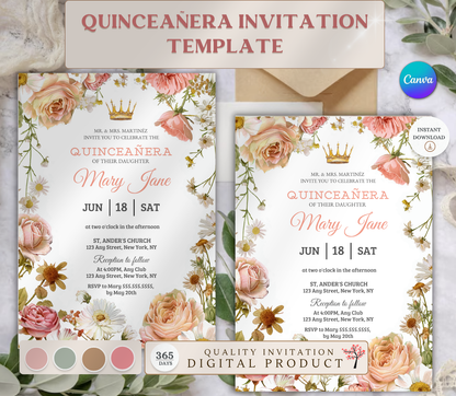 Quinceañera Invitation Template | Editable Canva Quince Party Invite Design Printable & Digital