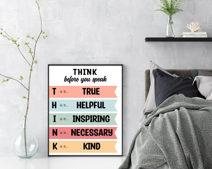 Think Before You Speak Wall Art | Inspirational Quote Poster, Mindfulness &amp; Communication Decor, Printable Motivational Wall Art