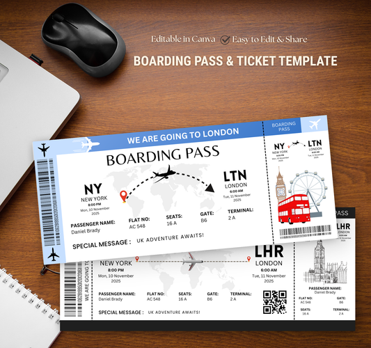 London Boarding Pass & Ticket Template | Editable Canva Travel Ticket Invitation & Party Invite